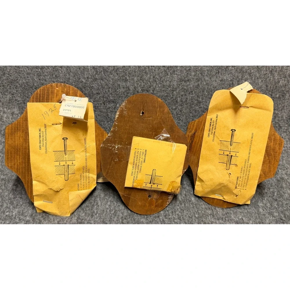 Cape Craftsmen Wood Brass Wall Hooks Set of 3 Vintage Plaque Coat Hat Hangers